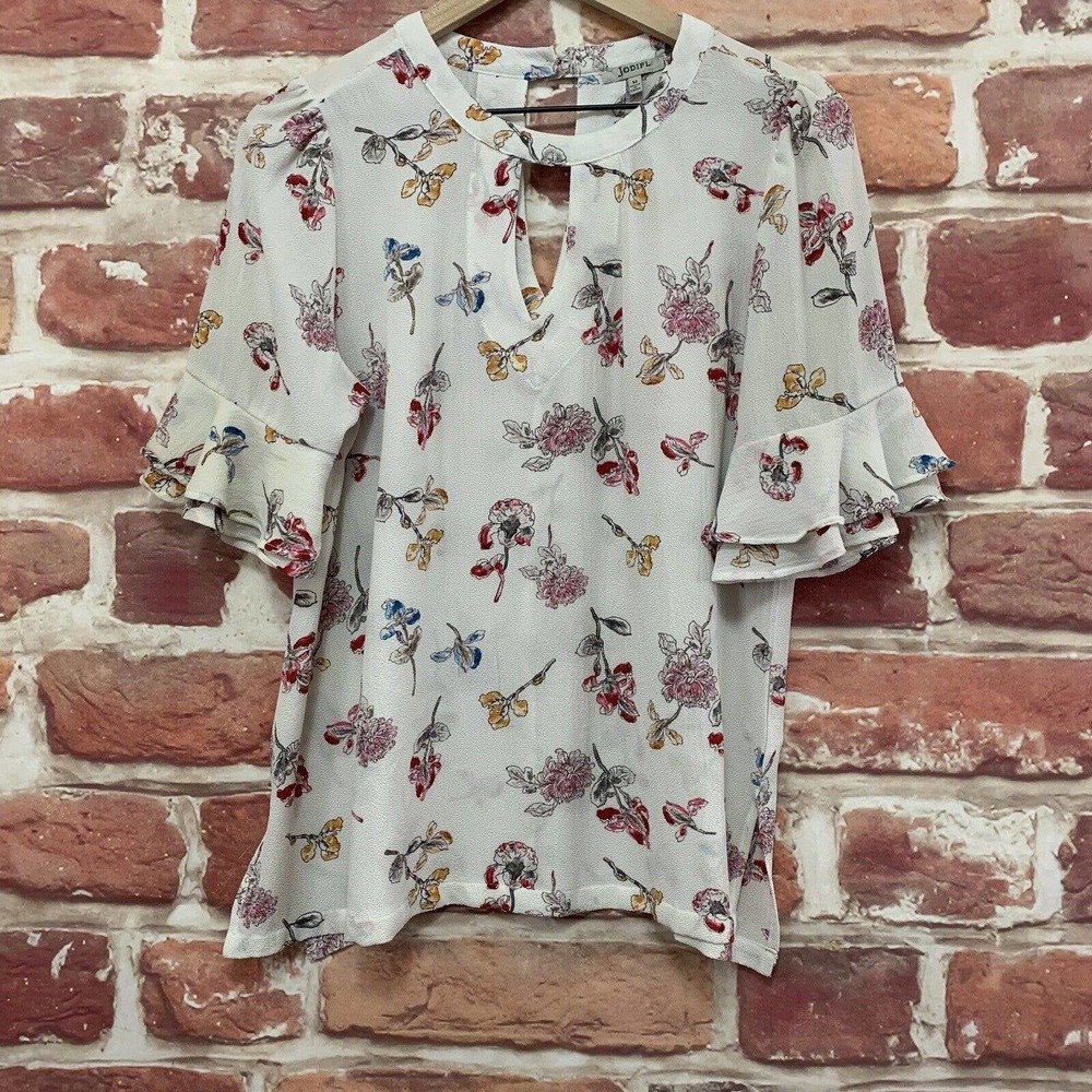 Anthropologie Jodifl Top Women's Medium White Multicolor Floral Ruffle Shirt